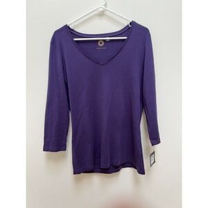 Amber Sun Women's Shirt L 100% Cotton 3/4 Sleeve Blue‎ Soft Casual Capsule NWT